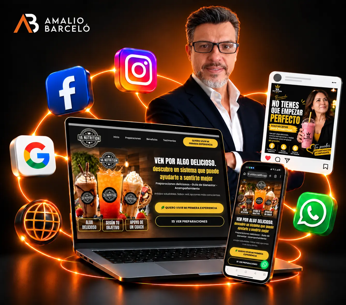 Amalio Barceló junto a una laptop, un celular y ejemplos reales de presencia digital
